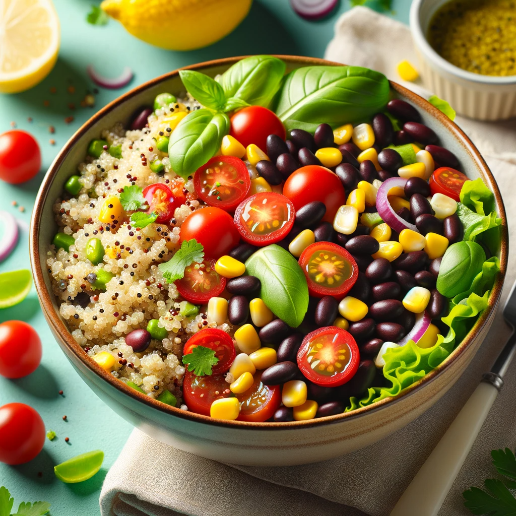 A colorful bowl of quinoa and black bean salad