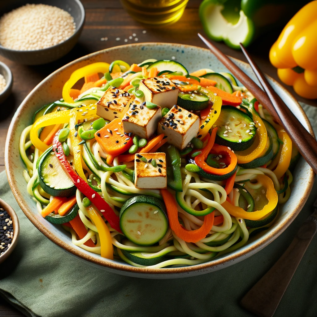A colorful dish of zucchini noodle
