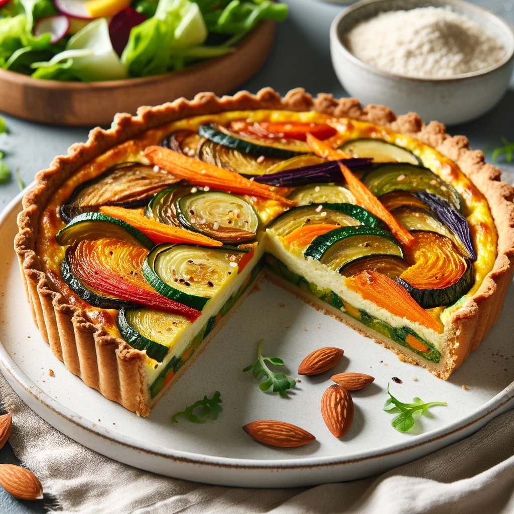 A slice of roasted vegetable quiche