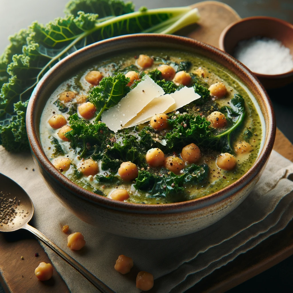 A steaming bowl of kale and chickpea soup