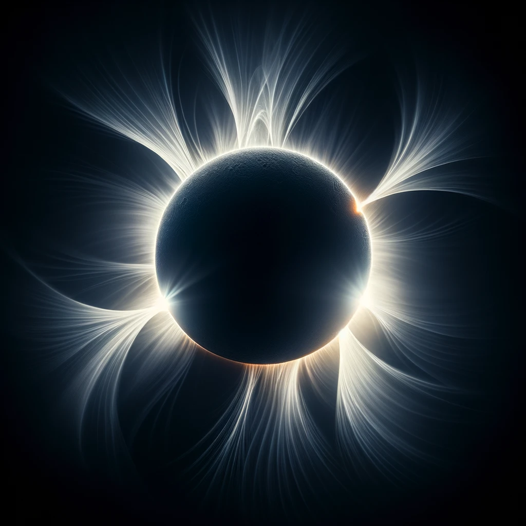 DALL·E 2024 02 08 18.53.06 A solar eclipse showing the moon blocking the sun with a dramatic corona visible around the edges in a dark sky