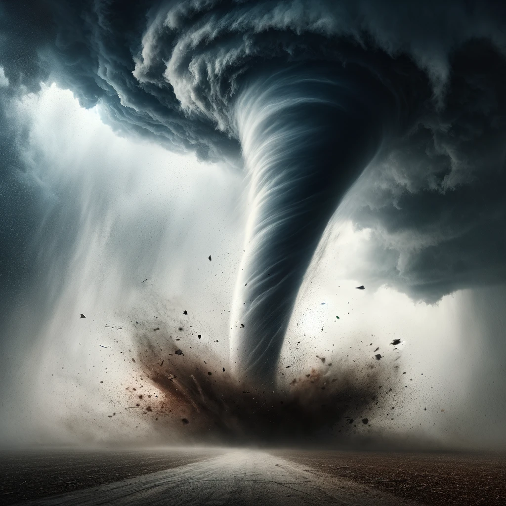 DALL·E 2024 02 08 18.53.57 The formation of a tornado showing a funnel cloud extending from a dark storm cloud to the ground with debris swirling around the base