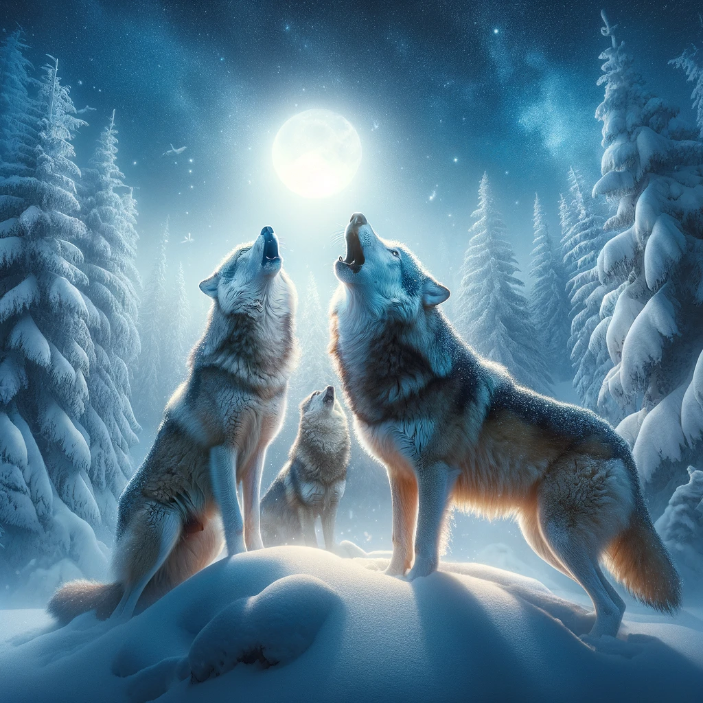 DALL·E 2024 02 10 12.12.52 a captivating scene of a pair of wolves in a snowy landscape with one howling towards the sky and the other standing alert surrounded by snow covere
