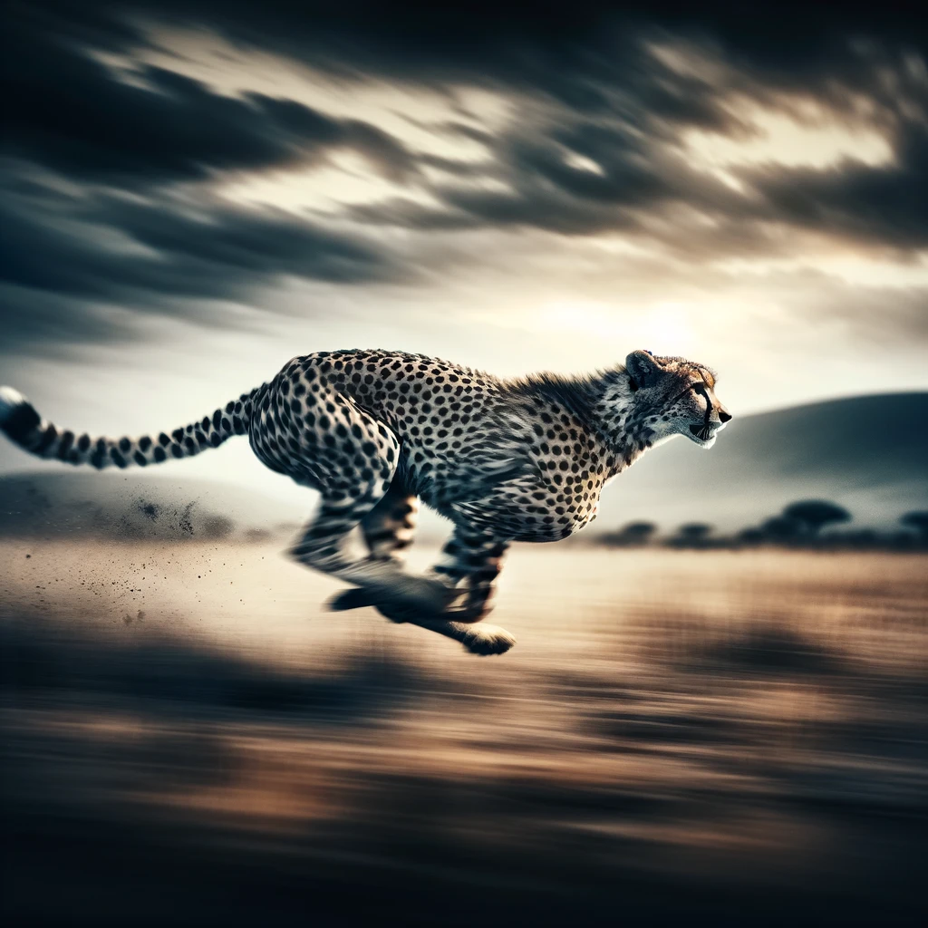 DALL·E 2024 02 10 12.13.30 a dramatic image of a cheetah running at full speed across the African savanna capturing the motion and intensity of the chase with a blurred backgr
