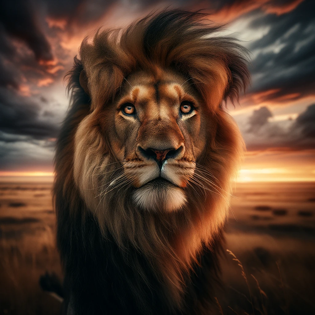 DALL·E 2024 02 10 12.13.40 a majestic lion in the African savanna during sunset showcasing its regal mane and intense gaze with a dramatic sky in the background 1