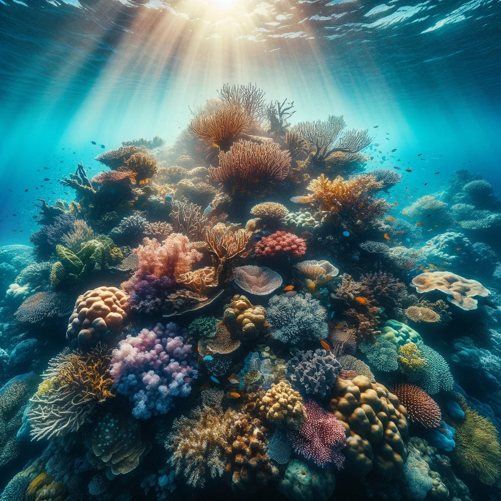 DALL·E 2024 02 08 18.53.53 An image of a coral reef underwater showing a diverse array of colorful coral and marine life with sunlight filtering through the water