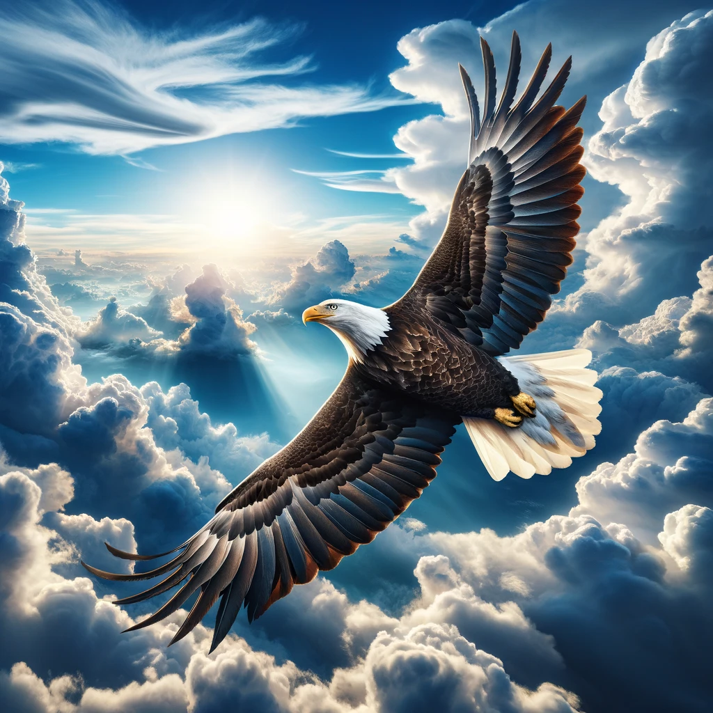 DALL·E 2024 02 10 12.13.45 a stunning image of a bald eagle soaring high in the sky with its wings fully spread against a backdrop of clear blue sky and fluffy white clouds