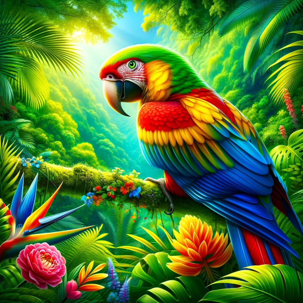DALL·E 2024 02 10 12.13.50 a vivid image of a colorful parrot perched on a branch in a lush green tropical rainforest with vibrant flowers and foliage surrounding it