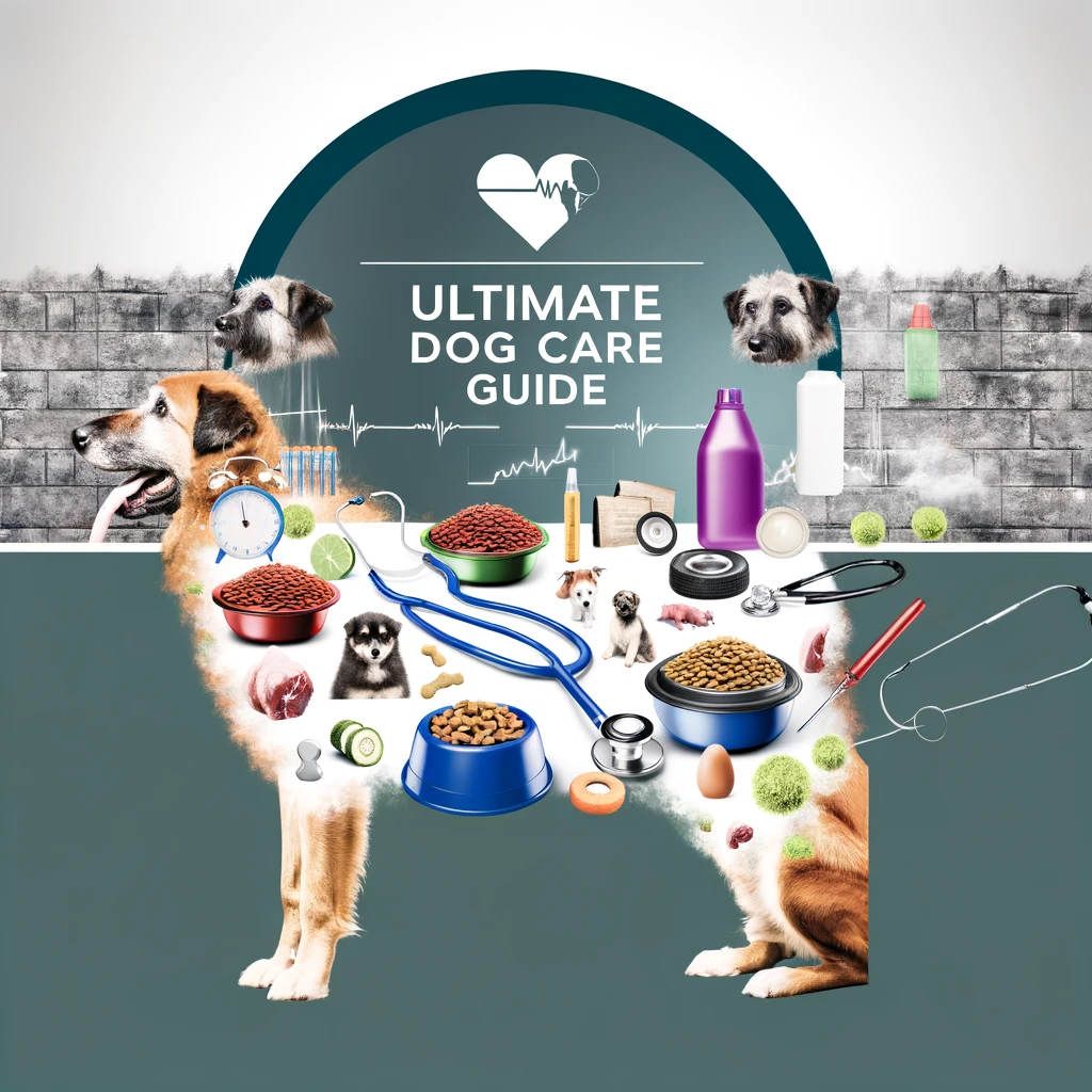 DALL·E 2024 02 12 21.02.07 A visually appealing and informative image representing the ultimate dog care guide showcasing elements of nutrition grooming health and training 1 1